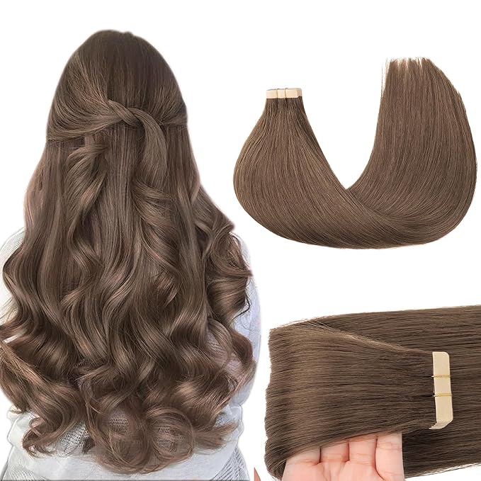 GOO GOO Tape in Hair Extensions Human Hair, 5 Light Ash Brown, 18inch 50g 20pcs, Skin Weft Seamless Invisible, Silky Straight with Thick Ends, Remy Human Hair
