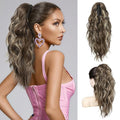 FLUFYMOOZ Wavy Curly Claw Clip Ponytail Extension, 18 Inch Natural Fake Ponytail Synthetic Hairpiece for Women (Medium Brown Ash Blonde)