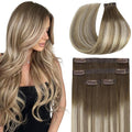 Full Shine Dark Brown Seamless Clip In Hair Extensions, Brown to Ash Brown Highlight Medium Blonde Balayage Clip ins, PU Skin Weft Natural Remy Human Hair Extension, Coverage 4Pcs 20Inch 95 Grams