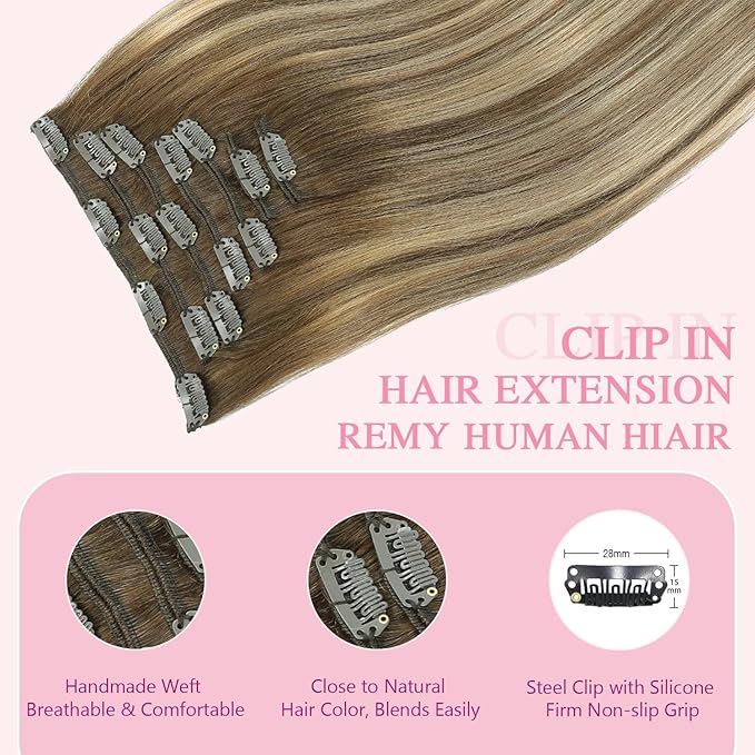 PINKPEARL Clip in Hair Extensions Human Hair, Remy Human Hair Clip ins for Women #4/27/4 Chocolate Brown to Caramel Blonde Balayage Clip Hair Extensions 7pcs 120g 18inch(#4/27/4-18)