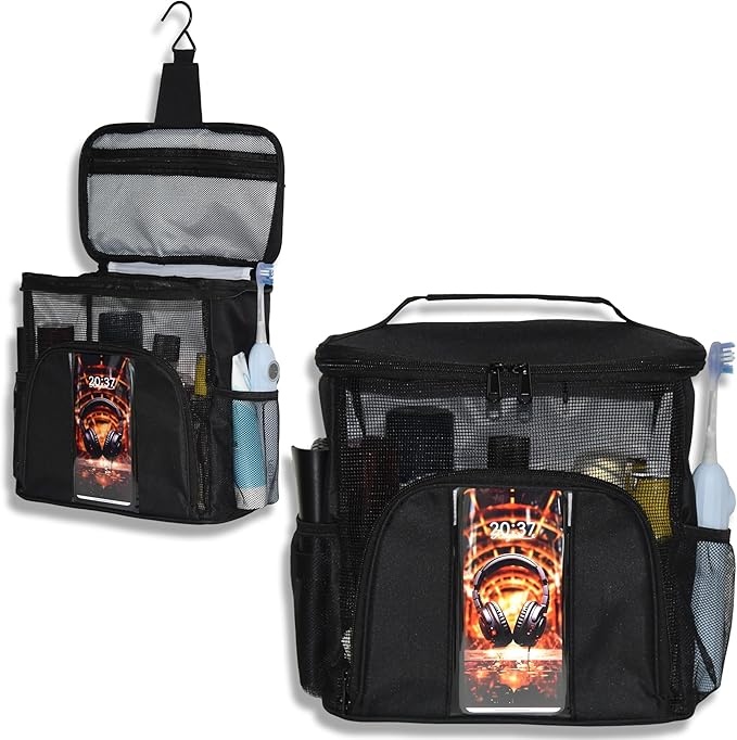 Mesh Shower Caddy, Portable Shower Bag Tote, Hanging Quick-Dry Toiletries Box Suitable for University Dormitories, Bathrooms, Gyms, Travel, Camping, Swimming, and RVs (Black)