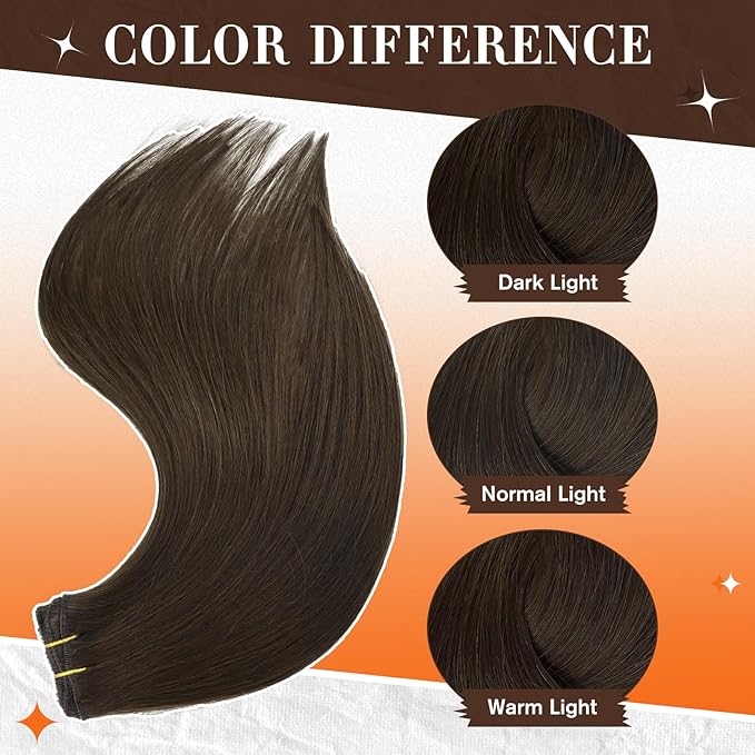 Full Shine Brown Human Hair Clip in Extensions 20 Inch Straight Dark Brown Clip in Hair Extension Lace Weft Real Human Hair Clip ins for Thin Hair 3 PCS 60 G