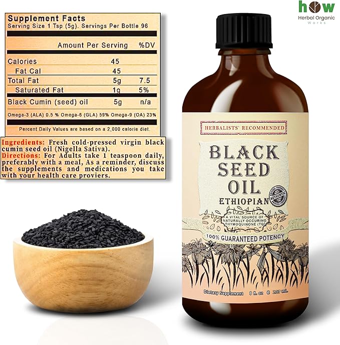 Black Seed Oil 8 oz - Cold Pressed Ethiopian Black Cumin Nigella Sativa, 3X Thymoquinone, 100% Pure Liquid in Glass Bottle - Supports Immune, Hair, and Skin Health