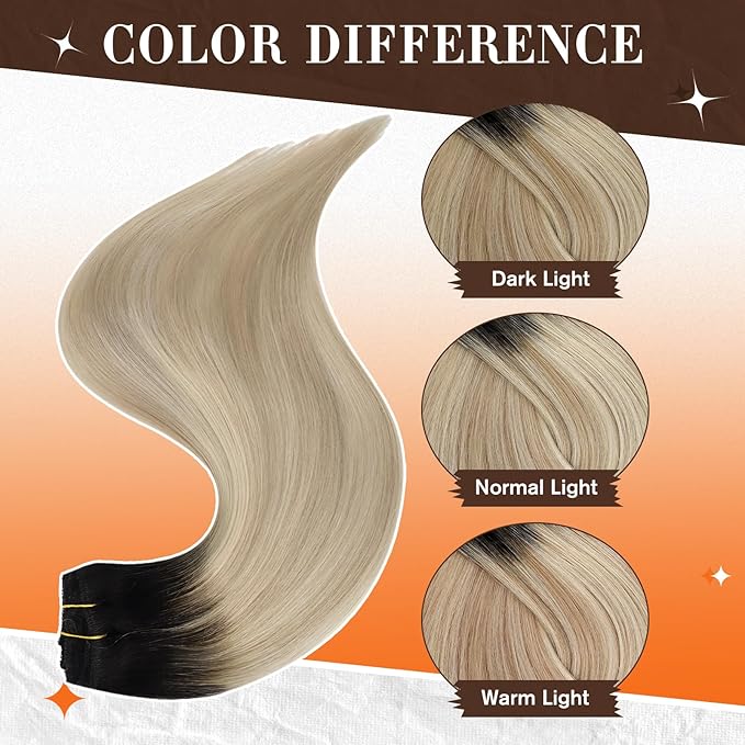 Full Shine 12 Inch Clip in Hair Extensions Real Human Hair Brown Ombre to Medium Blonde and Light Blonde Seamless Hair Extensions Clip in for Short Hair 3 PCS 60 G