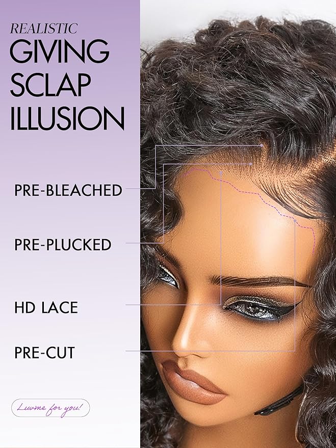 LUVME HAIR 100% Human Hair Wigs Curly Deep Wave Glueless Lace Front 16 Inches, Pre Cut Plucked Hd Lace Short Wig Ready To Go Natural Color Straight Bleached Knots Side Part Black Wigs