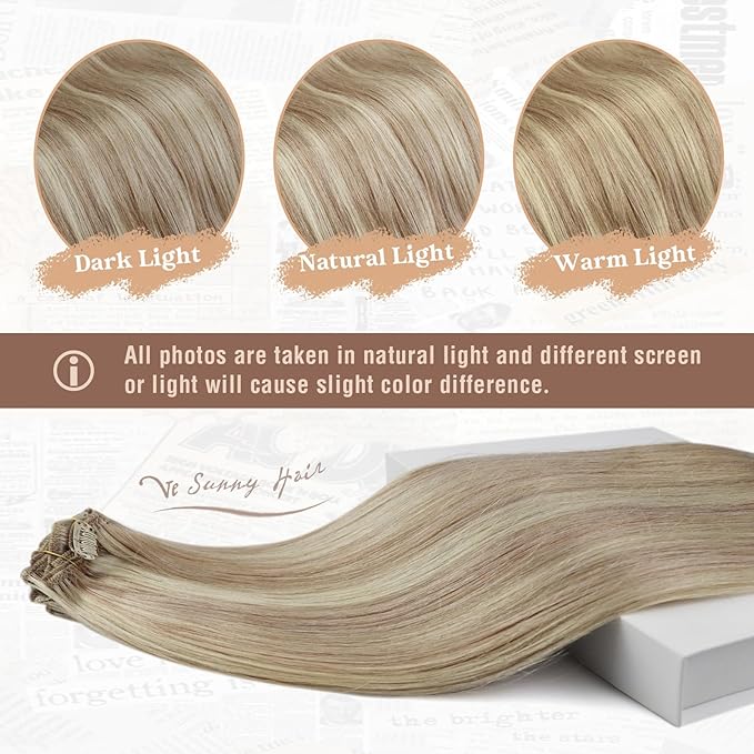 Ve Sunny Blonde Clip in Hair Extensions Real Human Hair for Women Highlight Hair Extensions Clip in Remy Human Hair Full Head Warm Color 7pcs 120g 22inch