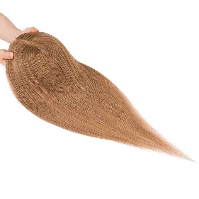 Hairro Human Hair Toppers Free Parted, 3.5x4.7" Base Hand-wovened 100% Real Hairpieces, with Invisible Clips-in for Women, for High Hairline/Adding Volume on Top, 12 Inch Blondish Brown