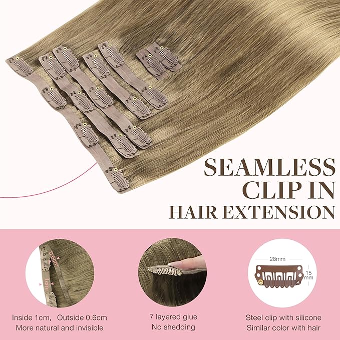 GOO GOO Clip in Hair Extensions Real Human Hair, Remy Human Hair Extensions Clip ins for Women, Natural Human Hair, 22inch 110g 7Pcs, 7 Bronde