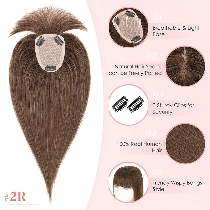 Hairro Human Hair Toppers with Wispy Bangs, 3.5x4.7" Hand-wovened Base for Women with Thinning Hair, Lightweight & Breathable Realistic Scalp, Clip-in Hairpieces for Easy Wear, 16 Inch Dark Brown