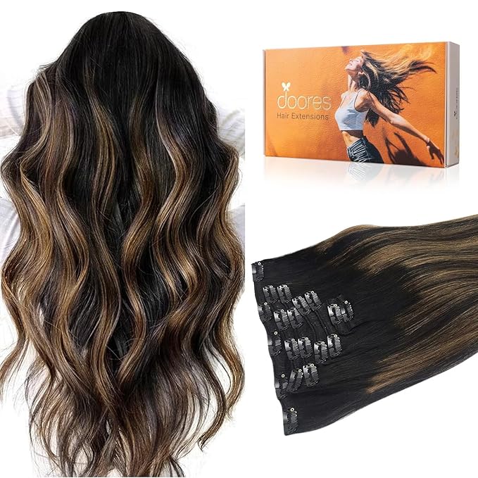 DOORES Real Human Hair Extensions, Balayage Natural Black to Chestnut Brown 12 Inch 80g 7pcs, Remy Clip in Hair Extensions Straight