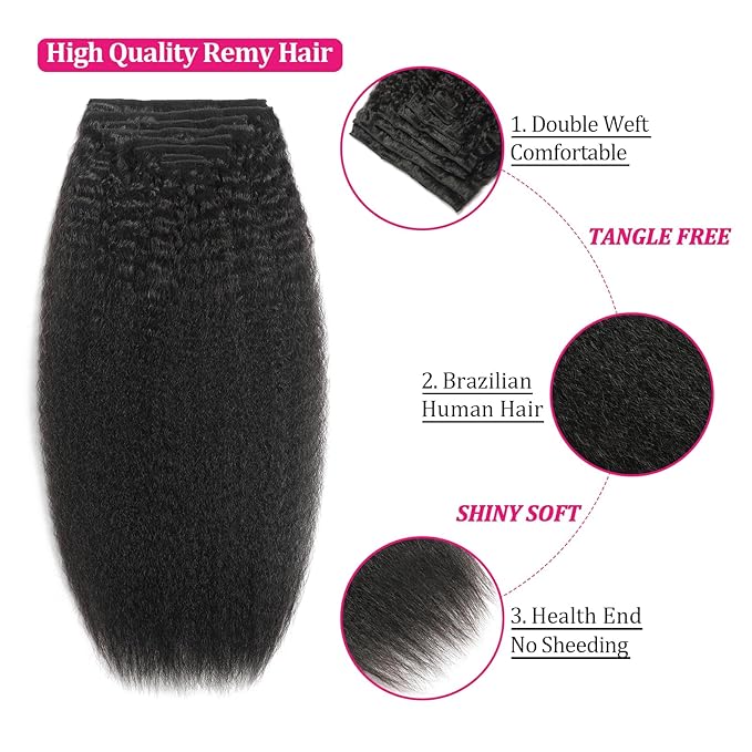 Clip in Hair Extensions Real Human Hair 20 Inch 8Pcs 120g Kinky Straight Clip Ins Full Head Brazilian Remy Hair Extensions for Women Natural Black Double Weft Clip In