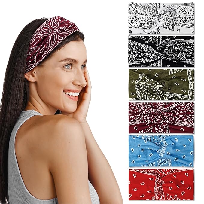 6-Piece Cute Headbands for Women, Stretchy Non Slip Thick Headband for Women’s Hair, Soft Elastic Head Bands for Yoga Running Sport Workout (Boho Style)