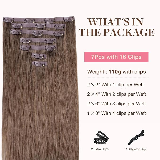 GOO GOO Clip in Hair Extensions Real Human Hair, Remy Human Hair Extensions Clip ins for Women, Natural Human Hair, 22inch 170g 7Pcs, #5 Light Ash Brown