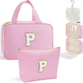 YOOLIFE Hanging Toiletry Bag for Women - Travel Toiletry Bag Makeup Bag, Portable Toiletries Cosmetic Bag, Airplane Travel Essentials - Letter P, Pink