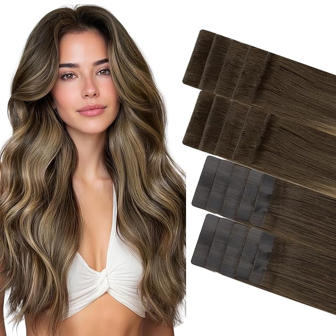 GOO GOO Invisi Edge Tape in Hair Extensions Human Hair, 4/27/4 Balayage Chocolate Brown to Caramel Blonde 10pcs injected with 10pcs classical tape ins, 14inch 50g, Virgin Remy Hair, Natural Look