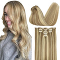 DOORES Clip in Human Hair Extensions, 22 Inch Balayage Light Blonde Highlighted Golden Blonde, 5pcs 85g Remy Straight