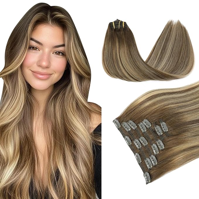 PINKPEARL Clip in Hair Extensions Human Hair, Remy Human Hair Clip ins for Women #4/27/4 Chocolate Brown to Caramel Blonde Balayage Clip Hair Extensions 7pcs 120g 18inch(#4/27/4-18)