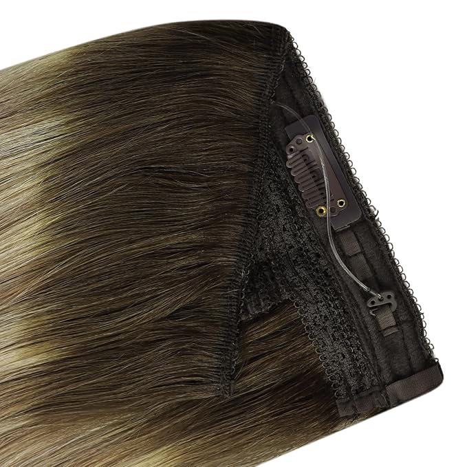 YoungSee 120G Wire Hair Extensions Ombre Invisible Wire Hair Extensions Real Human Hair Walnut Brown Headband Hair Extensions Balayage Light Brown with Blonde Remy Hair 16Inch