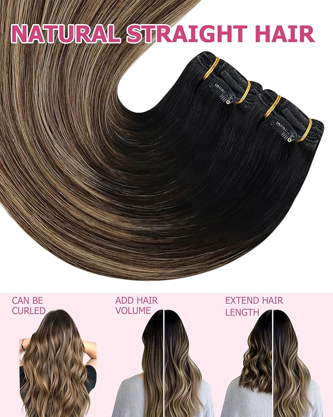 YoungSee Clip in Human Hair Extensions Black Ombre Human Hair Clip in Extensions Balayage Black to Blonde with Brown Hair Extensions Real Human Hair Clip ins Easy to Wear 120G 7Pcs 14Inch