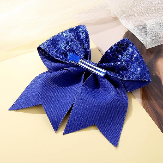 Large Glitter Cheer Bows Clips, Jumbo Big 7 Inch Cheerleading Sequin Hair Bow Hair Accessories for Teens Girls Football Sports Cheerleader Outfit Uniform (Royal Blue)