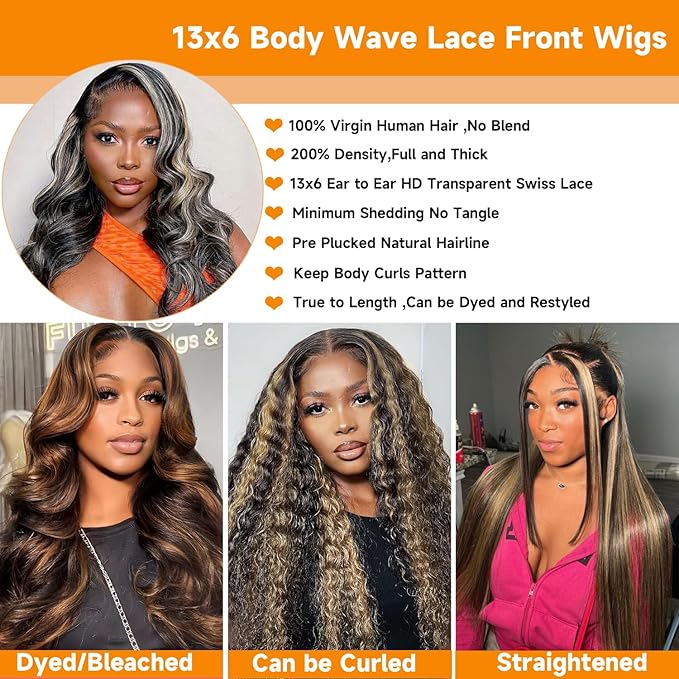 28 Inch 1B/27 13x6 Balayage Highlight Ombre Body Wave Lace Front Wigs Human Hair 200 Density Honey Blonde Colored HD Lace Frontal Glueless Wigs Human Hair Pre Plucked for Women Triple Lifespan 3X