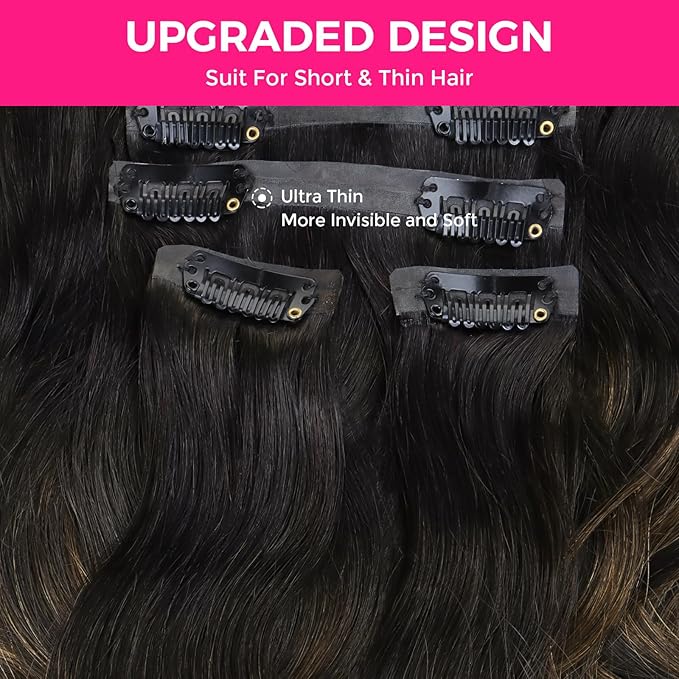 Lashey Seamless Clip in Hair Extensions Human Hair Natural Black Mixed Chestnut Brown Body Wave Clip in Hair Extensions with Invisi Edge 7pcs 110g 14 Inch
