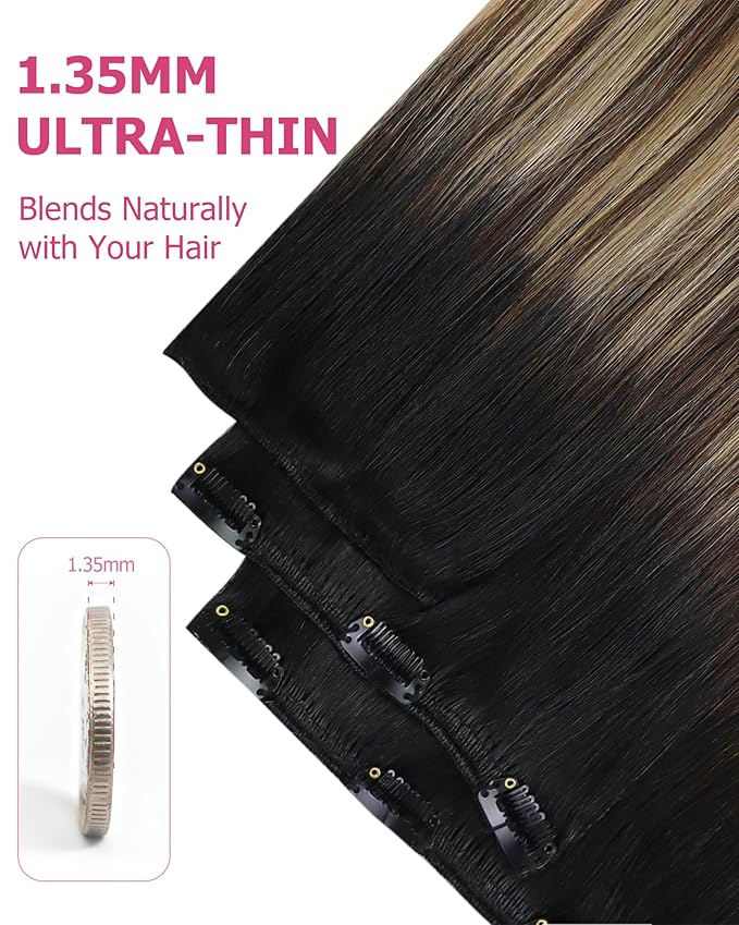 YoungSee Clip in Human Hair Extensions Ombre Clip in Hair Extensions Human Hair Black Ombre Dark Brown Mix Blonde Balayage Hair Extension Clip ins Straight Remy Hair 120G 7Pcs 16In
