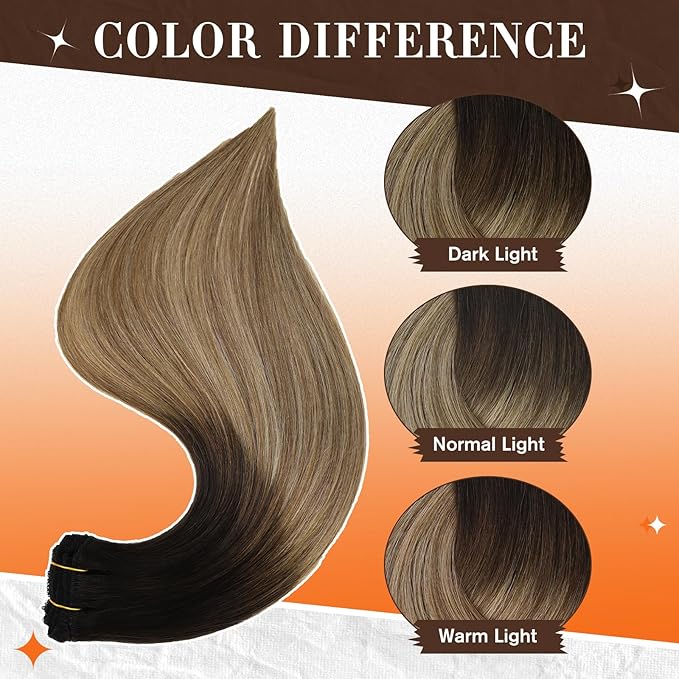 Full Shine Invisible Clip in Hair Extensions Human Hair 18 Inch Natural Black Ombre to Brown with Caramel Blonde Lace Weft Human Clip in Hair Extensions 3 PCS 60 G