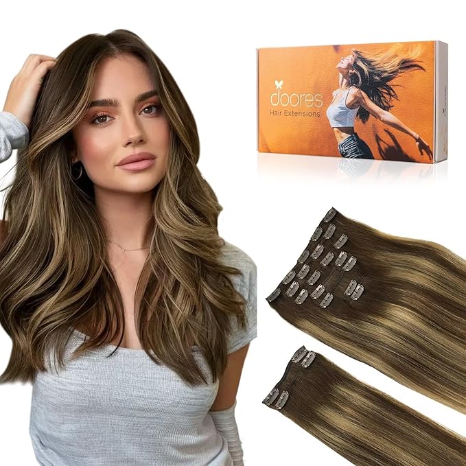 DOORES Hair Extensions Clip in Human Hair, Balayage Chocolate Brown to Caramel Blonde 150g 9pcs 16 Inch, Remy Human Hair Extensions Clip in Hair Extensions Real Human Hair Straight Thick Extensions