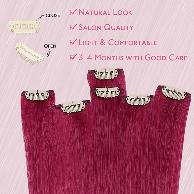 WENNALIFE Burgundy Red Clip in Hair Extensions Real Human Hair 35g 6pcs 18 Inch Colored Hair Extensions for Kids Women Colorful Hair Pieces Pop-up Style Straight Extensiones De Cabello Humano Con Clip