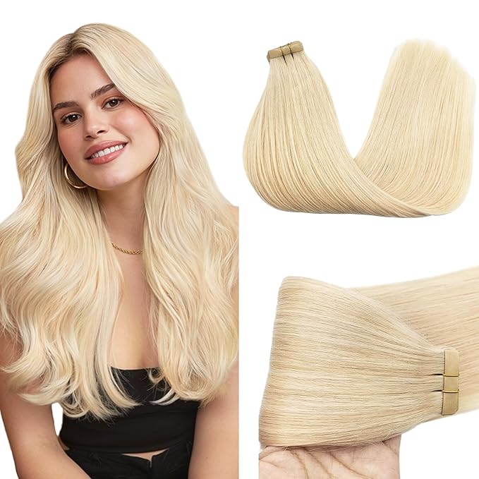 GOO GOO Tape in Hair Extensions Human Hair, 613R Bleach Blonde, 18inch 50g 20pcs, Skin Weft Seamless Invisible, Silky Straight with Thick Ends, Remy Human Hair