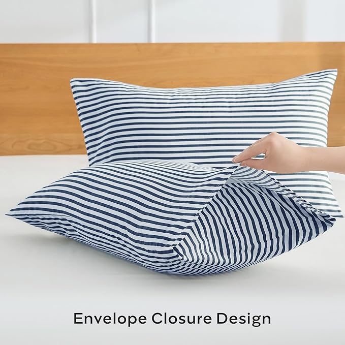 JELLYMONI 100% Natural Cotton Striped Queen Pillowcases Set, 2 Pack White and Dark Blue Stripes Pattern Printed Pillow Covers with Envelope Closure(Pillows are not Included)