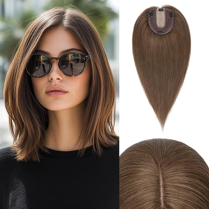 Rich Choices Hair Toppers for Women Real Human Hair 100% Human Remy Toppers NO Bangs for Women with Thinning on Top Clip in Hairpiece 4"x4.7"Lace Base 10 Inch #4R Natural Brown