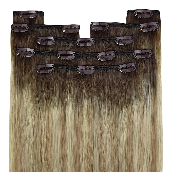 YoungSee Clip in Hair Extensions Human Hair Brown Ombre Clip in Human Hair Extensions Walnut Roots to Light Brown with Blonde Clip in Extensions Ease of Use 18Inch 7Pcs 120G