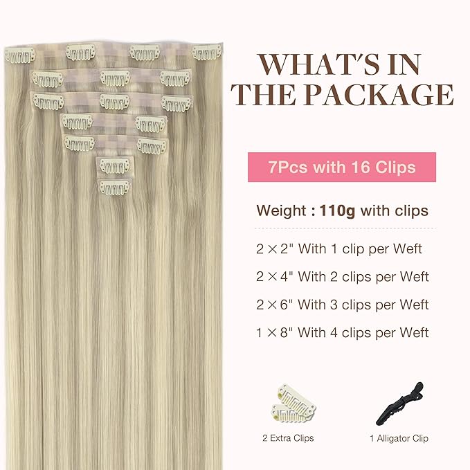 GOO GOO Clip in Hair Extensions Real Human Hair, Remy Human Hair Extensions Clip ins for Women, Natural Human Hair, 22inch 110g 7Pcs, 17A/60A Ash Blonde Highlighted Platinum Blonde