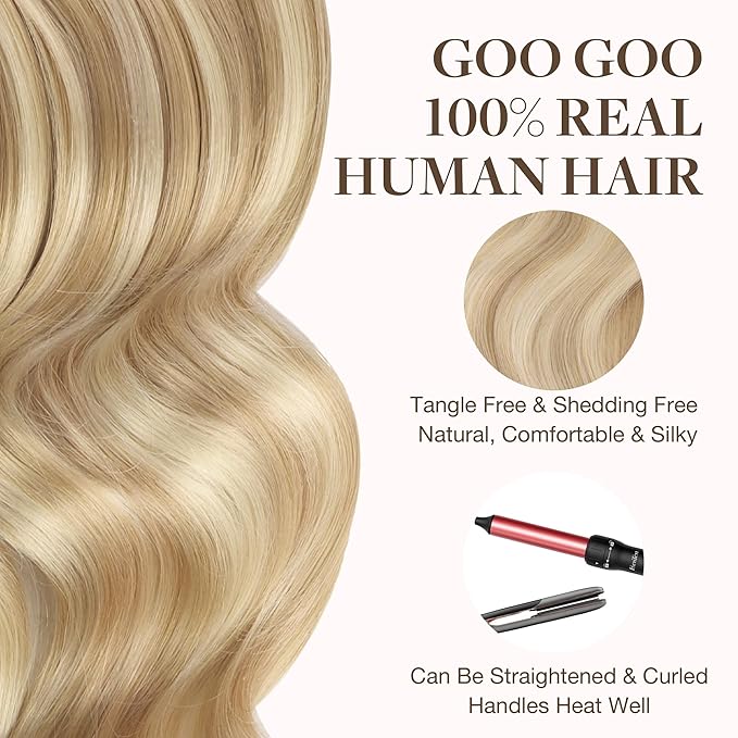 GOO GOO Tape in Hair Extensions Human Hair, 18A/613A Dark Blonde Highlighted Bleach Blonde, 10inch 30g 20pcs, Skin Weft Seamless Invisible, Silky Straight with Thick Ends, Remy Human Hair
