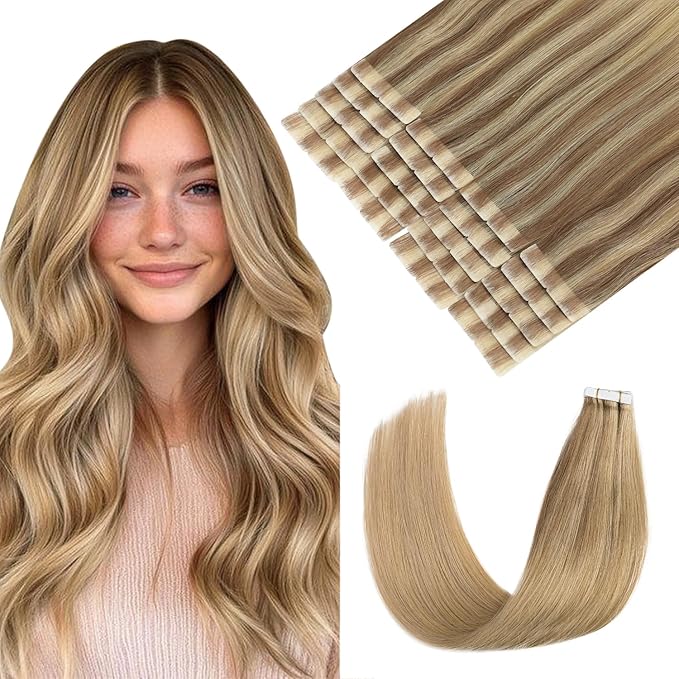 Pinkpearl Invisible Tape in Hair Extensions Human Hair, 20pcs 22inch 60g #10/27/27 Golden Brown to Caramel Blonde Injection Tape in Extensions Real Remy Seamless Human Hair Injected