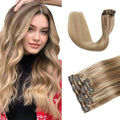 XDhair Human Hair Clip in Extensions 120g Balayage Color 10 Golden Brown to Light Blonde Highlight 27 Blonde Double Weft Clip in Human Hair Extensions #10/27/27 18 Inch