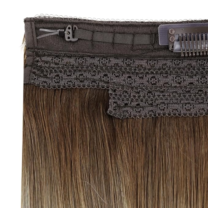 RUNATURE Brown Ombre Blonde Wire Hair Extensions Real Human Hair, Invisible Wire Hair Extensions Remy Straight Hair，One Piece 14 Inch 70g #3/8/22 Walnut Brown to Light Brown with Light Blonde
