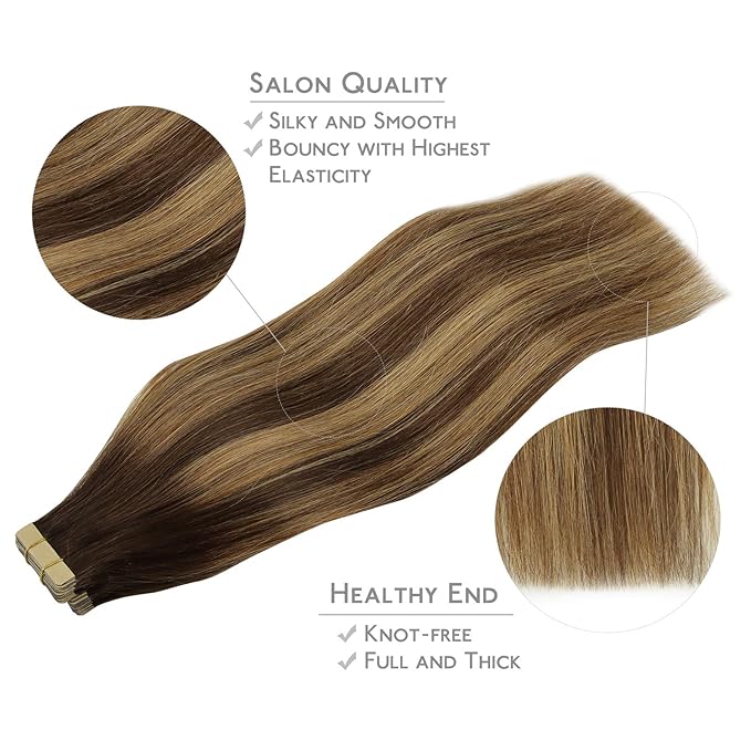 WENNALIFE Tape in Hair Extensions Human Hair, 20pcs 22 inch 50g Balayage Chocolate Brown to Caramel Blonde Remy Tape Hair Extensions Real Human Hair Tape Extensions Coloured Hair Extensions