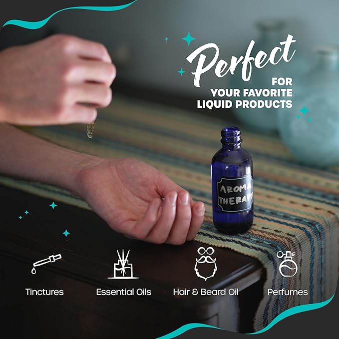 Nevlers Blue Glass Dropper Bottle 4 Oz 48 Pack | Leakproof Tincture Bottles with Dropper, Shrink Wrap, Funnel, Brush, Marker, & Labels | For Use as Hair Oil Bottle & Liquid Medicine Travel Container
