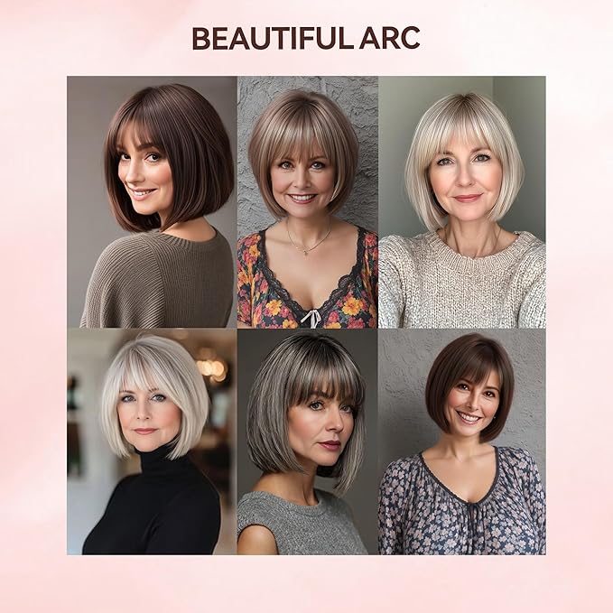 LEEONS Hair Toppers for Women with Bangs Short Bob Synthetic Pieces for Thinning Hair Side Part (Dark Brown with Highlights)