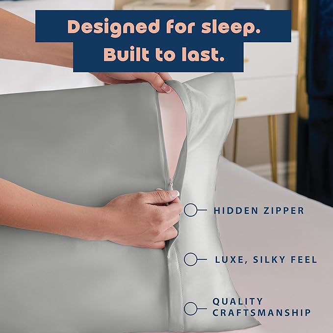 BLISSFORD Satin Pillowcase with Zipper, for Hair and Skin Care, Feels Soft and Cool Like a Silk Pillowcase, Satin Pillow Cases 2 Pack, Slik Pillow Cover, Grey, King Size, Set of 2
