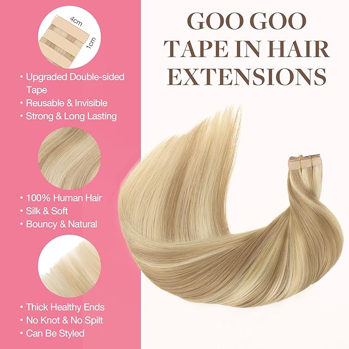 GOO GOO Tape in Hair Extensions Human Hair, 18A/613A Dark Blonde Highlighted Bleach Blonde, 10inch 60g 40pcs, Skin Weft Seamless Invisible, Silky Straight with Thick Ends, Remy Human Hair
