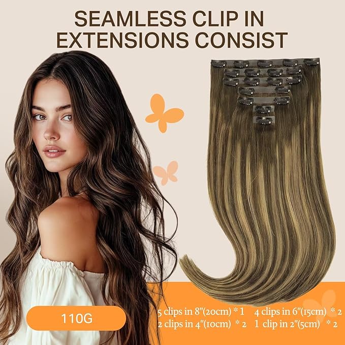 DOORES Human Hair Clip-in Extensions, Chocolate Brown to Caramel Blonde, 7pcs 110g 22 Inch, Seamless Clip-in with Skin Weft Remy Straight Invisi Edge Hair Extensions