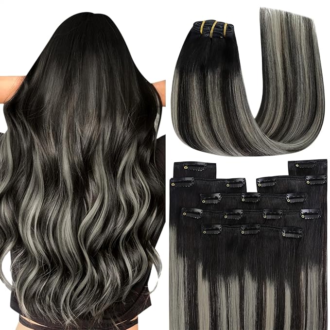YoungSee Clip in Human Hair Extensions Natural Black Mix Grey Balayage Clip on Hair Extensions for Women Black Ombre Hair Extension Clip ins Silky Straight Hair 20inch 120g