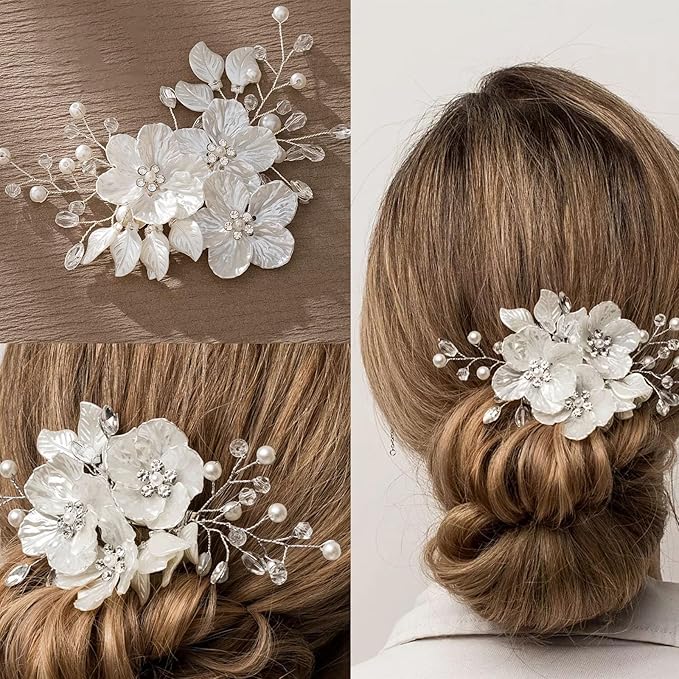 3 PCS Large Flower Bridal Wedding Hair Pins Crystal Pearl Hair Clips Headpiece Bride Hair Accessories Jewelry with Rhinestone, Glitter Emboss White Flower
