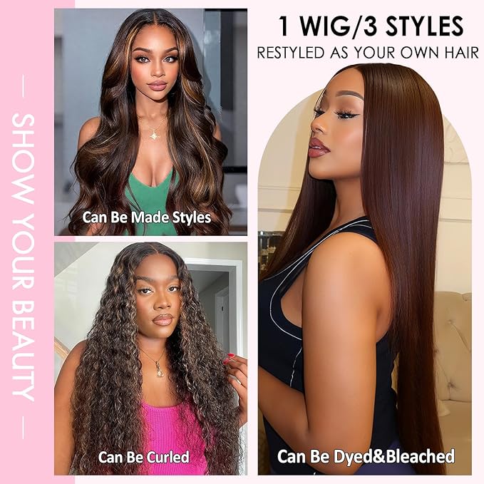Highlight Wig Human Hair Straight Lace Front Wigs Human Hair Pre Plucked 13x4 Ombre Lace Front Wig Human Hair for Women 1B/30 Black with Brown Balayage Glueless Wigs Human Hair 200% Density 22 Inch