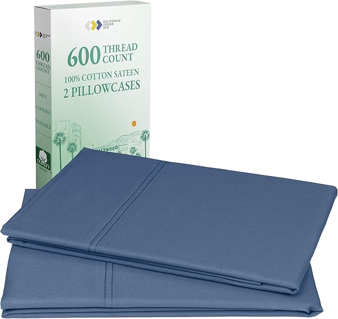 CALIFORNIA DESIGN DEN Luxuriously Soft Hotel Quality 600 Thread Count, 100% Cotton Set of 2 Cases, Crisp & Cool Pillow Cases Standard Size, Fits Standard & Queen Pillows (Dark Blue)