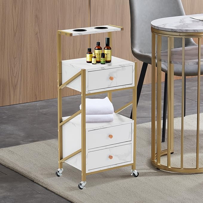 BarberPub Salon Trolley Cart with Wheels Rolling Cart Barber Station with Drawers Marbled Board for Beauty Salon Makeup Storage with 2 Hair Dryer Holders 2042 (White)